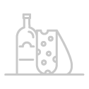 A simple line drawing of a wine bottle and a wedge of cheese with holes, placed side by side.
