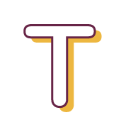 A bold, white capital letter "T" with a dark purple outline and a yellow drop shadow on a transparent background. A bold, white capital letter "T" with a dark purple outline and a yellow drop shadow on a transparent background.