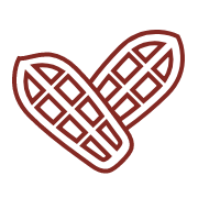 A simple line drawing of two cocoa pods overlapping in the shape of a heart, outlined in dark red—a sweet nod to chocolate.