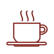 A simple red outline of a coffee cup on a saucer with three wavy lines above it, representing steam—perfect for enjoying with a pastry or chocolate treat.