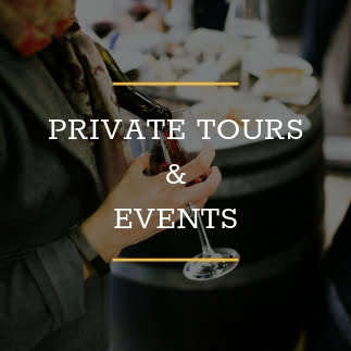 A person pours red wine into a glass at an event. The image is overlaid with the text "Private Tours & Events." Tables with food and drinks are blurred in the background.