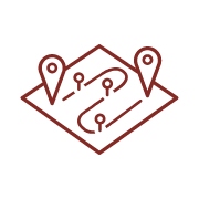 A simple red line drawing of a map with a winding tour route marked by a path and four location pins—perhaps guiding you on a chocolate or pastry adventure, with two larger pins at the start and end points.