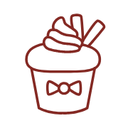 A simple red line drawing of a cupcake with swirled frosting, a wafer stick, and a bow decoration on the cup—perfect for highlighting any chocolate and pastry experience.