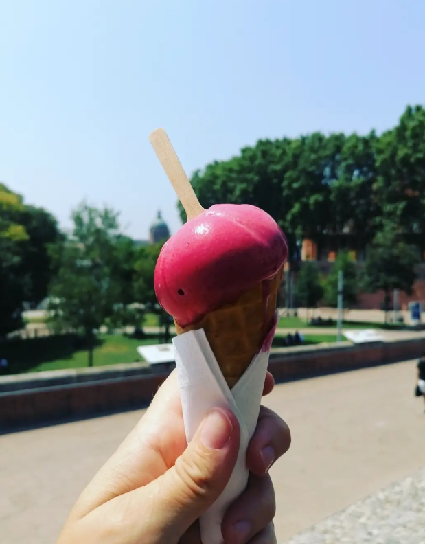 A hand holds a raspberry-colored ice cream cone with a wooden spoon, outdoors on a sunny day in Toulouse, with trees and buildings blurred in the background.