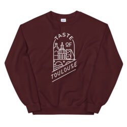 The Sweatshirt with Logo - White features a maroon base, white line art of Toulouse landmarks, "Taste of Toulouse," and a stylish front logo.