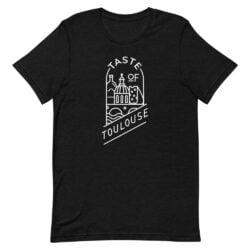 Full Logo Tee - White: A white T-shirt with a minimalist line drawing of Toulouse landmarks, a wedge of cheese, and the complete "Taste of Toulouse" logo on the front.
