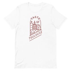 The Full Logo Tee - Brick Red features a white T-shirt with a minimalist brick red line drawing of Toulouse landmarks, cheese, and "Taste of Toulouse" text.