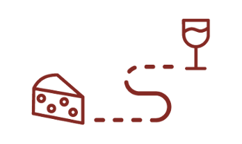 A simple red line drawing shows a wedge of cheese connected by a dashed line to a glass of wine, evoking the elegance of Virtual Tasting Experiences offered by Taste of Toulouse.