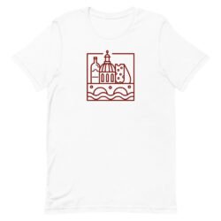 The Square Logo Tee - Brick Red features a minimalist brick red line drawing of a bottle, dome-shaped building, and wedge of cheese above wavy and dotted lines.