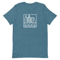 Square Logo Tee - White features a simple blue line drawing of a wine bottle, glass, cheese wedge, and dome-shaped building above wavy lines, all within a square border.