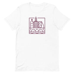 The Square Logo Tee - Wine showcases a minimalist maroon line design featuring a wine bottle, cheese wedge, city dome, and wavy lines—capturing urban style with culinary and wine-inspired elements.
