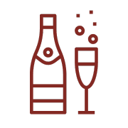 A simple line drawing of a champagne bottle next to a champagne glass with bubbles rising from the glass, evoking the celebratory spirit of the Albi Gourmet Food Tour.