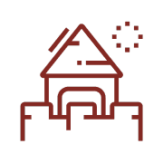 Minimalist red line drawing of Albi’s castle with a triangular roof, arched doorway, crenellated walls, and a sun as a circle of dots in the upper right corner—perfect for an Albi gourmet food tour backdrop.