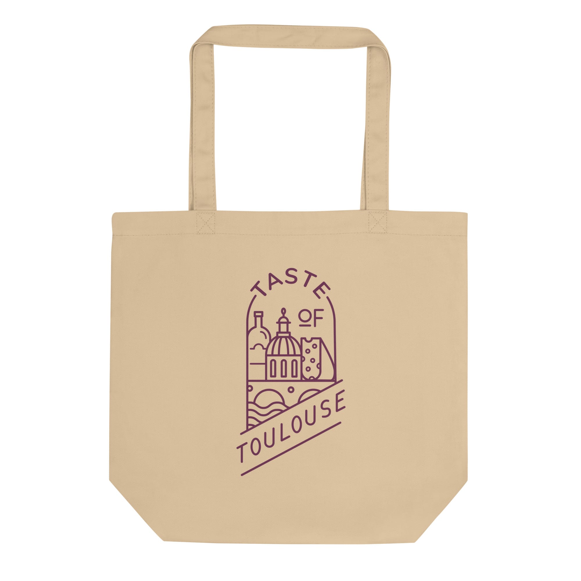 The Tote Bag with Wine Logo is a beige bag with long handles, featuring a maroon cityscape and "TASTE OF TOULOUSE" text—a stylish tote perfect for carrying your favorite wine bottles.